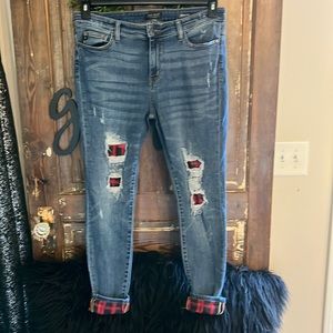 Judy Blue distressed buffalo plaid peek a boo jeans